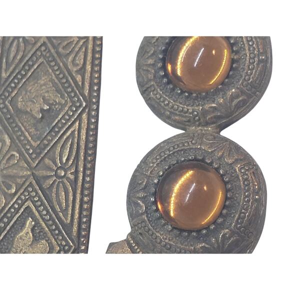 Vintage Victorian Revival Brass Brooch Faux Pearl Amber Glass Cabochons Celtic - Picture 3 of 11